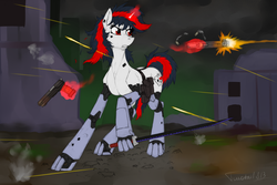 Size: 3000x2000 | Tagged: safe, artist:twotail813, oc, oc only, oc:blackjack, cyborg, pony, unicorn, fallout equestria, fallout equestria: project horizons, rcf community, amputee, cybernetic legs, gun, high res, level 1 (project horizons), magic, shooting, sword, telekinesis