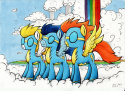 Size: 2000x1455 | Tagged: safe, artist:ecmonkey, blaze, soarin', surprise (g4), pony, g4, cloudsdale, goggles, wonderbolts, wonderbolts uniform