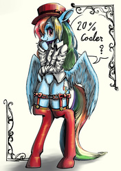 Size: 2039x2894 | Tagged: safe, artist:unousaya, rainbow dash, pegasus, pony, semi-anthro, g4, 20% cooler, abstract background, arm hooves, bipedal, bottomless, clothes, female, garter belt, hat, high res, looking at you, mare, rainbow dash always dresses in style, shirt, simple background, solo, speech bubble, stockings, thigh highs