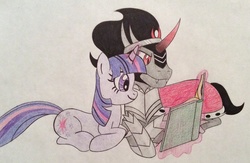 Size: 1906x1246 | Tagged: safe, artist:squeakynoodle, king sombra, twilight sparkle, g4, female, male, reading, ship:twibra, shipping, straight, traditional art