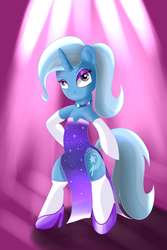 Size: 4000x6000 | Tagged: safe, artist:wilshirewolf, trixie, pony, unicorn, semi-anthro, g4, absurd resolution, bedroom eyes, bipedal, choker, clothes, dress, evening gloves, female, frilly underwear, gloves, high heels, panties, purple underwear, side slit, skirt, socks, solo, stockings, thigh highs, underwear, upskirt