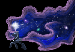 Size: 1000x700 | Tagged: safe, artist:joan-grace, princess luna, alicorn, pony, g4, black background, ethereal mane, eyes closed, female, galaxy mane, glowing horn, horn, magic, mare, peytral, simple background, solo
