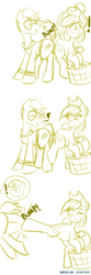 Size: 1600x4800 | Tagged: safe, artist:jcosneverexisted, applejack, trenderhoof, earth pony, pony, g4, 30 minute art challenge, applejack the anti-shipper, butt bump, butt to butt, butt touch, comic, female, flirting, glasses, heart, kick, kick in the butt, male, mare, monochrome, raised tail, shipping, shipping denied, smiling, straight, tail, trenderjack