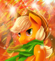 Size: 1000x1100 | Tagged: safe, artist:draltruist, applejack, earth pony, pony, g4, autumn, clothes, crepuscular rays, female, leaves, scarf, solo