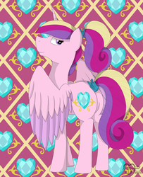 Size: 1300x1600 | Tagged: safe, artist:missydakota, princess cadance, alicorn, pony, g4, bow, butt, cutie mark background, female, hair bow, looking back, lovebutt, plot, solo, spread wings, tail, tail bow, teen princess cadance, tiled background