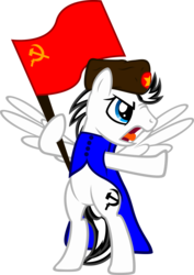 Size: 1600x2259 | Tagged: safe, artist:likonan, oc, oc only, bipedal, clothes, coat, communism, flag, hammer and sickle, hat, holding a flag, simple background, solo, soviet, transparent background, uniform, ushanka, vector