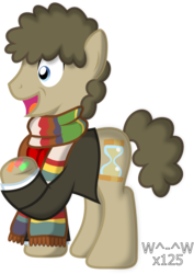 Size: 1432x2022 | Tagged: safe, artist:sasukex125, doctor whooves, time turner, earth pony, pony, g4, clothes, doctor who, fourth doctor, fourth doctor's scarf, jelly babies, ponified, scarf, simple background, solo, striped scarf, the doctor, tom baker, transparent background, vector