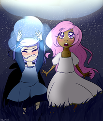 Size: 1700x2000 | Tagged: safe, artist:silbersternenlicht, princess celestia, princess luna, human, g4, concentrating, eyes closed, humanized, looking up, magic, moonrise, night, open mouth, pink-mane celestia, wingding eyes, younger