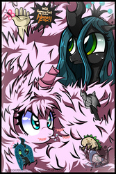 Size: 1600x2400 | Tagged: safe, artist:darkmirroremo23, queen chrysalis, oc, oc:fluffle puff, butterfly, g4, canon x oc, chrysalis plushie, dan, dan vs, fake horn, female, lesbian, plushie, ship:chrysipuff, shipping, taco, tongue out