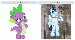 Size: 2048x1096 | Tagged: safe, soarin', spike, pony, derpibooru, g4, juxtaposition, meme, meta