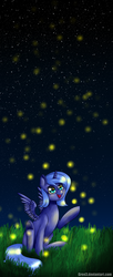 Size: 2000x4900 | Tagged: safe, artist:gree3, princess luna, firefly (insect), g4, female, filly, night, sitting, solo, spread wings, underhoof, woona