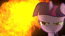 Size: 1920x1080 | Tagged: safe, artist:lunalewdie, twilight sparkle, g4, badass, evil face, evil smile, female, fire, grin, smiling, solo, wallpaper