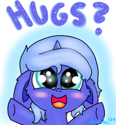 Size: 439x472 | Tagged: safe, artist:angela124, princess luna, g4, :d, blushing, female, filly, floppy ears, hug request, open mouth, solo, woona