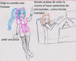 Size: 2423x1942 | Tagged: safe, artist:elgatosabio, adagio dazzle, sonata dusk, equestria girls, g4, my little pony equestria girls: rainbow rocks, clothes, couch, duo, female, maid, socks, spanish, television, thigh highs, traditional art, translated in the comments, uniform