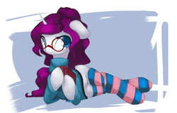 Size: 2265x1452 | Tagged: safe, artist:qweeli, oc, oc only, pony, unicorn, card, clothes, female, glasses, smiling, socks, solo, striped socks, sweater