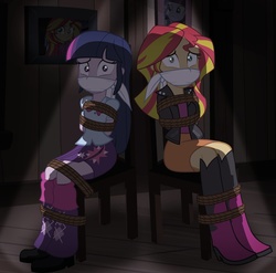 Size: 900x888 | Tagged: dead source, safe, artist:radiantrealm, sunset shimmer, twilight sparkle, equestria girls, g4, bondage, boots, bound and gagged, cloth gag, female, femsub, gag, help us, kidnapped, shoes, show accurate, story in the source, submissive, subset, tied up