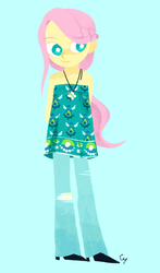 Size: 880x1500 | Tagged: safe, artist:magneticskye, fluttershy, equestria girls, g4, alternate hairstyle, clothes, dress, female, lineless, necklace, ripped pants, simple background, solo