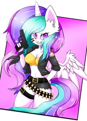 Size: 1657x2311 | Tagged: dead source, safe, artist:teranen, princess celestia, alicorn, anthro, g4, ammunition belt, bandolier, belly button, belt, big ears, bullet, cleavage, clothes, ear fluff, face paint, female, grin, gun, jacket, looking at you, midriff, shorts, smiling, solo, trigger discipline, weapon, wild westia, wing fluff