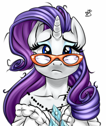 Size: 700x834 | Tagged: safe, artist:pia-sama, rarity, unicorn, anthro, canterlot boutique, g4, female, frown, glasses, looking at you, messy mane, necklace, scene interpretation, solo