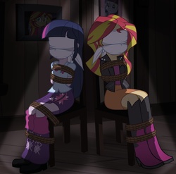 Size: 900x888 | Tagged: safe, artist:radiantrealm, sunset shimmer, twilight sparkle, equestria girls, g4, blindfold, bondage, boots, chair, cloth gag, female, femsub, gag, help us, shoes, show accurate, submissive, subset