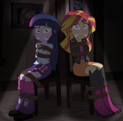 Size: 900x888 | Tagged: safe, artist:radiantrealm, sunset shimmer, twilight sparkle, human, equestria girls, g4, bondage, boots, bound and gagged, chair, cleave gag, female, femsub, gag, help us, rope, shoes, show accurate, submissive, subset