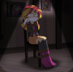 Size: 900x888 | Tagged: safe, artist:radiantrealm, sunset shimmer, equestria girls, g4, bondage, boots, bound and gagged, chair, cloth gag, female, femsub, gag, shoes, show accurate, solo, submissive, subset