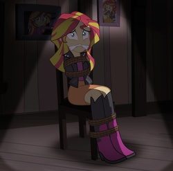 Size: 900x888 | Tagged: safe, artist:radiantrealm, sunset shimmer, equestria girls, g4, bondage, boots, bound and gagged, chair, cleave gag, female, femsub, gag, shoes, show accurate, solo, submissive, subset