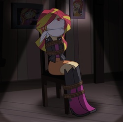 Size: 900x888 | Tagged: safe, artist:radiantrealm, sunset shimmer, equestria girls, g4, blindfold, bondage, boots, bound and gagged, chair, cloth gag, female, femsub, gag, shoes, show accurate, solo, submissive, subset