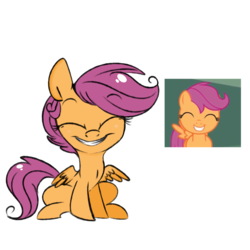 Size: 1024x1024 | Tagged: safe, artist:tokipeach, scootaloo, pegasus, pony, g4, cute, cutealoo, eyes closed, female, filly, foal, grin, scene interpretation, simple background, sitting, smiling, solo, transparent background