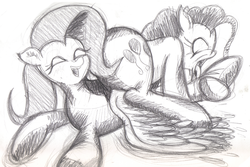 Size: 3356x2244 | Tagged: safe, artist:chrisdb0, fluttershy, pinkie pie, pony, g4, duo, fetish, high res, hoof fetish, hoof licking, laughing, licking, monochrome, tickle torture, tickling, tongue out, traditional art