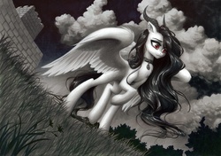 Size: 1065x750 | Tagged: safe, artist:katputze, oc, oc only, oc:lanteria, demon pony, horns, outdoors, solo