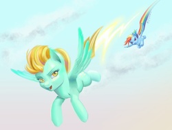 Size: 1024x768 | Tagged: safe, artist:jay156, lightning dust, rainbow dash, g4, cloud, cloudy, flying, race