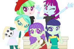 Size: 1024x685 | Tagged: safe, artist:first-flakes-of-snow, blueberry cake, drama letter, mystery mint, starlight, tennis match, watermelody, equestria girls, g4, background human, base used, mane six opening poses, simple background, younger