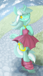 Size: 855x1501 | Tagged: safe, artist:divinisity, lyra heartstrings, pony, g4, bipedal, clothes, dress, female, necklace, solo