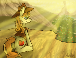 Size: 840x643 | Tagged: safe, artist:divinisity, braeburn, g4, apple tree, male, scenery, solo, tree