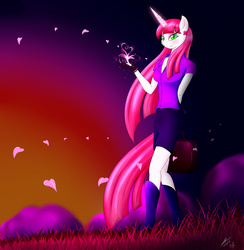 Size: 2000x2048 | Tagged: safe, artist:bludraconoid, lovestruck, anthro, g4, earring, female, magic, piercing, solo, sunset