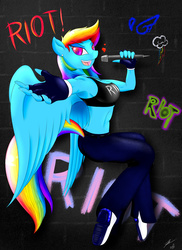 Size: 1870x2573 | Tagged: safe, artist:bludraconoid, rainbow dash, anthro, g4, armpits, breasts, busty rainbow dash, clothes, female, fingerless gloves, gloves, graffiti, microphone, midriff, pants, solo, sports bra