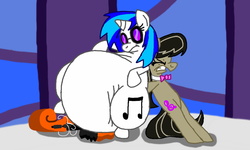 Size: 1600x960 | Tagged: safe, artist:kylestudios, dj pon-3, octavia melody, vinyl scratch, earth pony, pony, unicorn, g4, belly, broken, cello, duo, eyes closed, fat, gritted teeth, musical instrument, obese, pushing, straining, vinyl fat