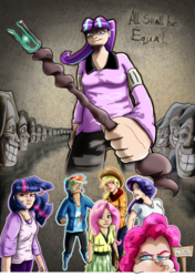 Size: 1600x2279 | Tagged: safe, artist:dutchgirl626, artist:rosieu, applejack, fluttershy, night glider, party favor, pinkie pie, rainbow dash, rarity, starlight glimmer, sugar belle, twilight sparkle, human, g4, the cutie map, breaking the fourth wall, clothes, creepy, creepy smile, equalized, humanized, magic, mane six, monochrome, no fun allowed, pouting, s5 starlight, skirt, smiling, smug, smuglight glimmer, staff, staff of sameness, stalin glimmer, static