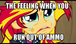 Size: 512x300 | Tagged: safe, sunset shimmer, equestria girls, g4, ammunition, crying, image macro, meme, sunsad shimmer