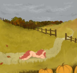 Size: 2100x1987 | Tagged: safe, artist:poniebones, pinkie pie, g4, autumn, female, fence, missing cutie mark, pumpkin, solo