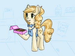 Size: 1600x1200 | Tagged: safe, artist:frecklesfanatic, sweet biscuit, pony, unicorn, canterlot boutique, g4, adorabiscuit, apron, bowtie, clothes, cookie, cute, female, mare, smiling, solo