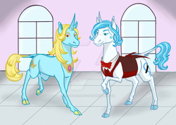 Size: 2912x2059 | Tagged: safe, artist:amaya-chans2, classical unicorn, brother and sister, cloven hooves, curved horn, high res, horn, leonine tail, offspring, parent:prince blueblood, parent:trixie, parents:bluetrix, unshorn fetlocks