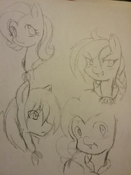 Size: 1944x2592 | Tagged: safe, artist:steelsoul, applejack, fluttershy, pinkie pie, rainbow dash, fanfic:my little rumble, g4, alternate hairstyle, applejack (male), bubble berry, fanfic art, monochrome, rule 63, sketch, traditional art