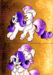 Size: 2480x3507 | Tagged: safe, artist:nightoffear, rarity, sweetie belle, g4, high res, ponies riding ponies, riding