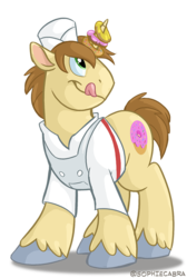 Size: 658x980 | Tagged: safe, artist:spainfischer, donut joe, pony, unicorn, g4, clothes, donut, hat, horn, horn grab, looking up, male, patreon, signature, solo, tongue out