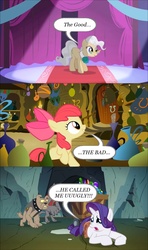 Size: 666x1122 | Tagged: safe, edit, edited screencap, screencap, apple bloom, mayor mare, rarity, diamond dog, a dog and pony show, friendship is magic, g4, the cutie pox, crying, humor, marshmelodrama, movie reference, quote, screencap comic, speech bubble, the good the bad and the ugly, whining