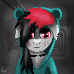 Size: 3000x3000 | Tagged: safe, artist:kaine, oc, oc only, oc:miss eri, semi-anthro, black and red mane, city, clothes, emo, female, high res, hoodie, sad, solo, teary eyes, two toned mane