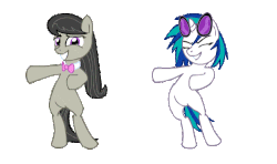 Size: 500x295 | Tagged: safe, artist:coconeru, artist:kanashiipanda, dj pon-3, octavia melody, vinyl scratch, earth pony, pony, unicorn, a tropical octav3, g4, animated, bipedal, dancing, eyes closed, female, grin, looking at you, simple background, smiling, transparent background, youtube link