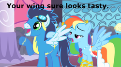 Size: 500x276 | Tagged: safe, edit, edited screencap, screencap, rainbow dash, soarin', pony, g4, image macro, implied shipping, implied soarindash, implied straight, meme, open mouth, tasty